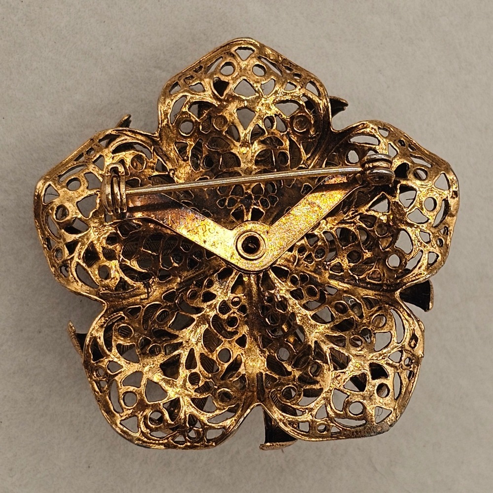 Vintage Floral Rhinestone Cluster Brooch Gold Tone Faux Pearl & AB Steampunk Pin - Picture 2 of 10